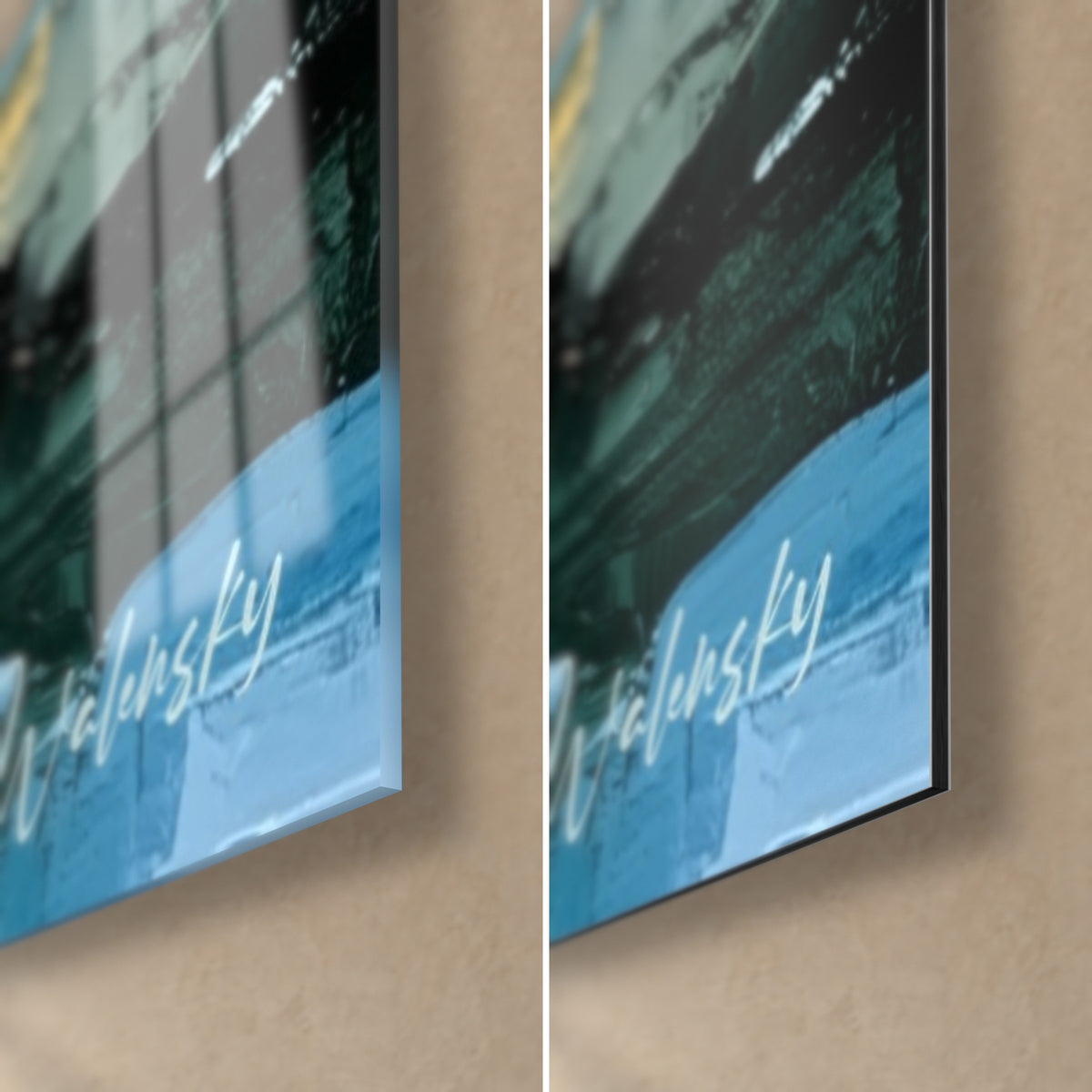 Gemälde blaues und orangefarbenes Hafenbecken, untere rechte Ecke: weiße Signatur auf brillantem Glas links, matte Dibond-Aluminium rechts, 3 mm Kante
