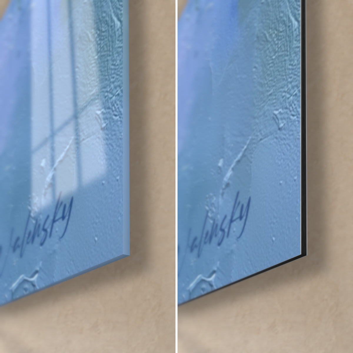 Tableau horizon bleu et doré, coin bas droit signé Walensky, verre brillant à gauche, Dibond mat à droite, tranche de 3 mm