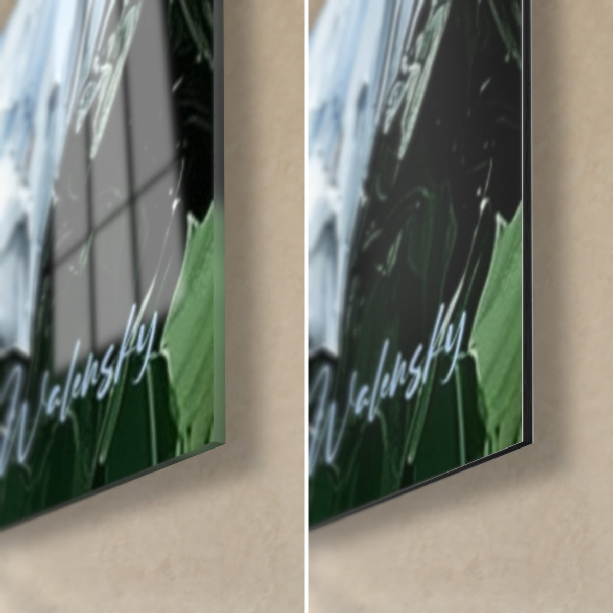 Cuadro con paleta de pintura al óleo, esquina inferior derecha: verde oscuro, azul pálido, firma blanca, cristal brillante y Dibond mate