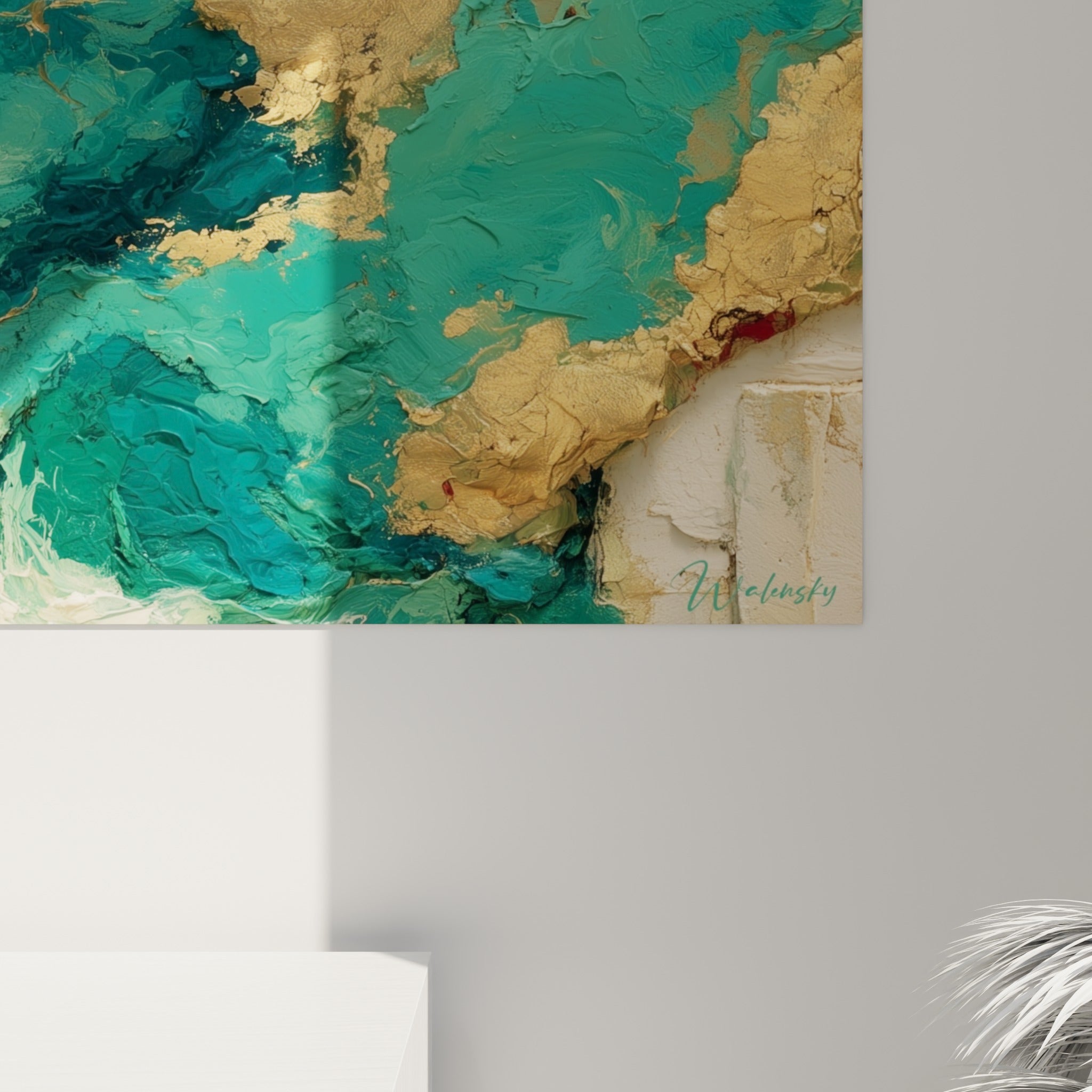 Empâtements dorés et coulures turquoise en style Peinture abstrait, grain de peinture visible en gros plan