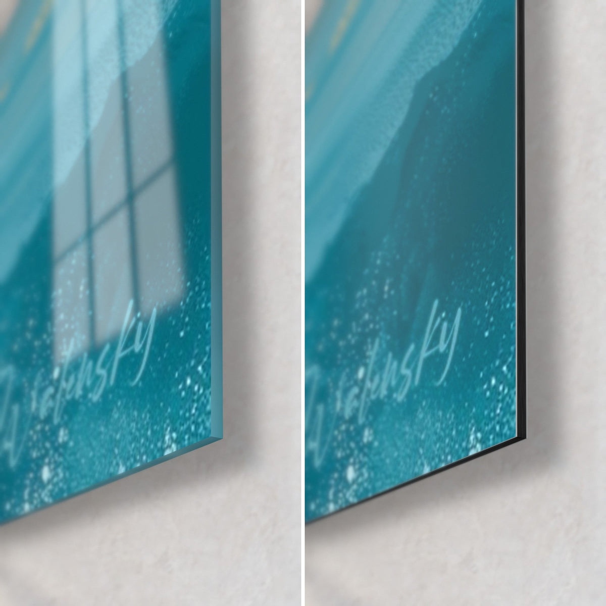 Cuadro océano azul verdoso con cresta de espuma, esquina inferior derecha: cristal acrílico brillante a la izquierda, Dibond aluminio mate a la derecha, canto de 3 mm
