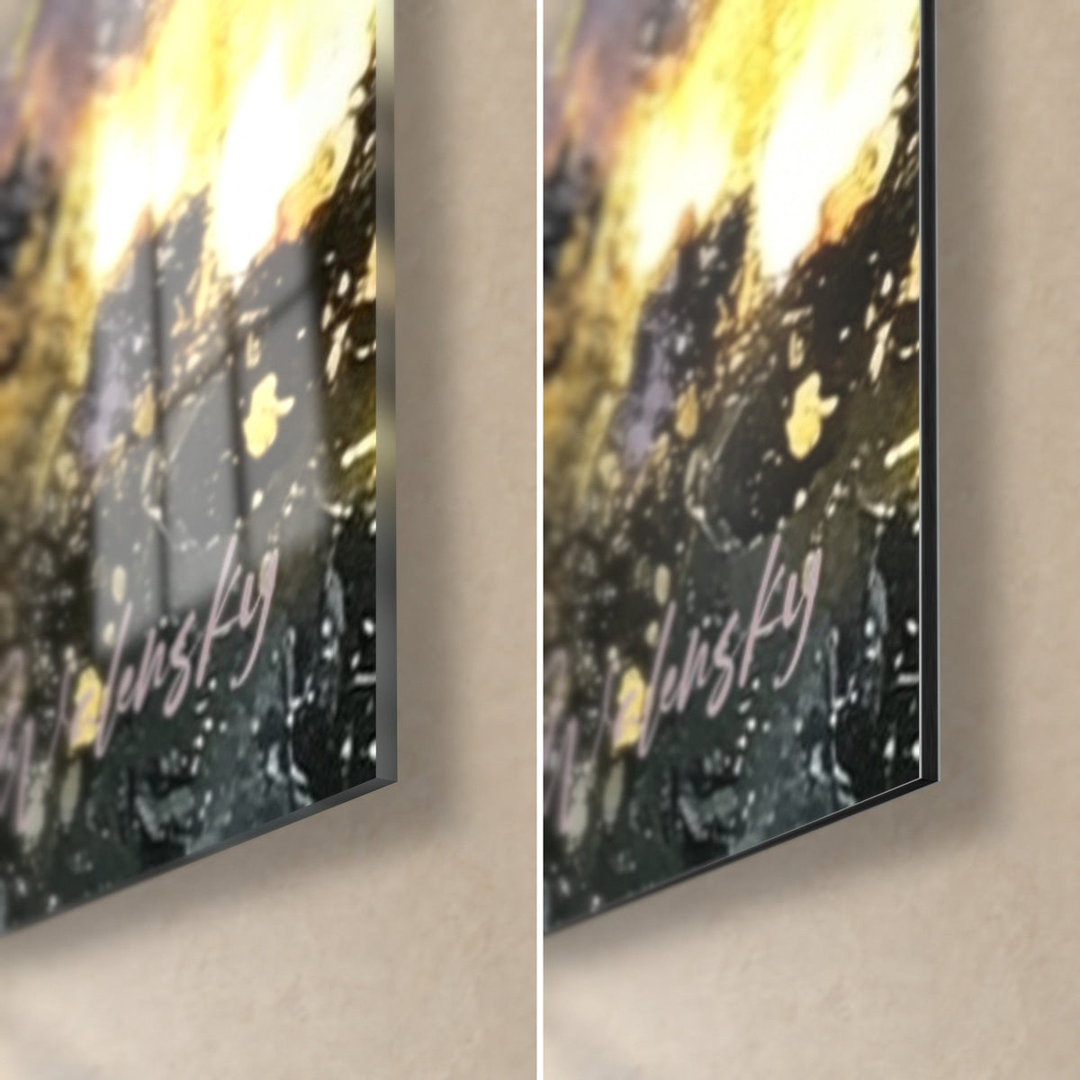 Quadro faglia di luce dorata, angolo in basso a destra: colata gialla su nero carbone, vetro lucido e bordo opaco in Dibond da 3 mm