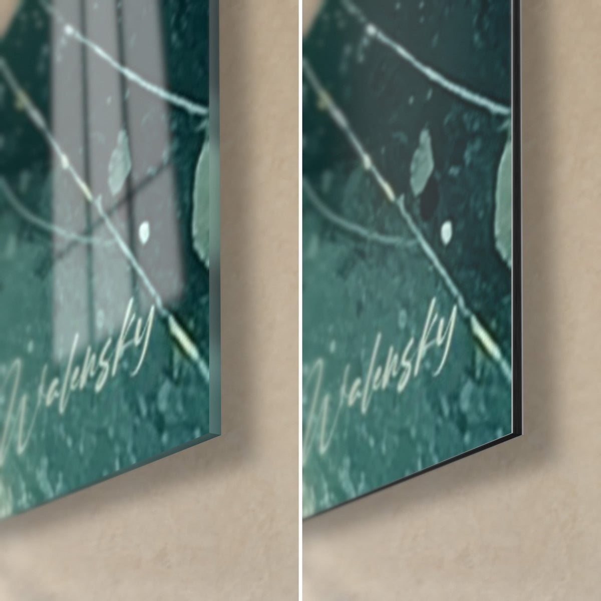 Cuadro vórtice abstracto, esquina inferior derecha: cristal acrílico brillante a la izquierda, Dibond mate a la derecha, destellos verde azulado y amarillos, canto fino