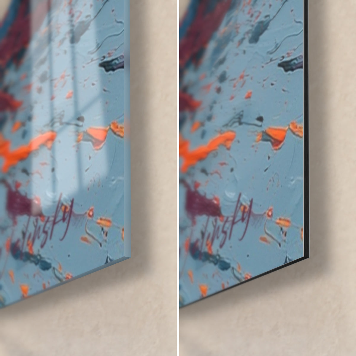 Tableau explosion de peinture orange et bleu pétrole, coin bas droit : verre acrylique brillant à gauche, alu Dibond mat à droite