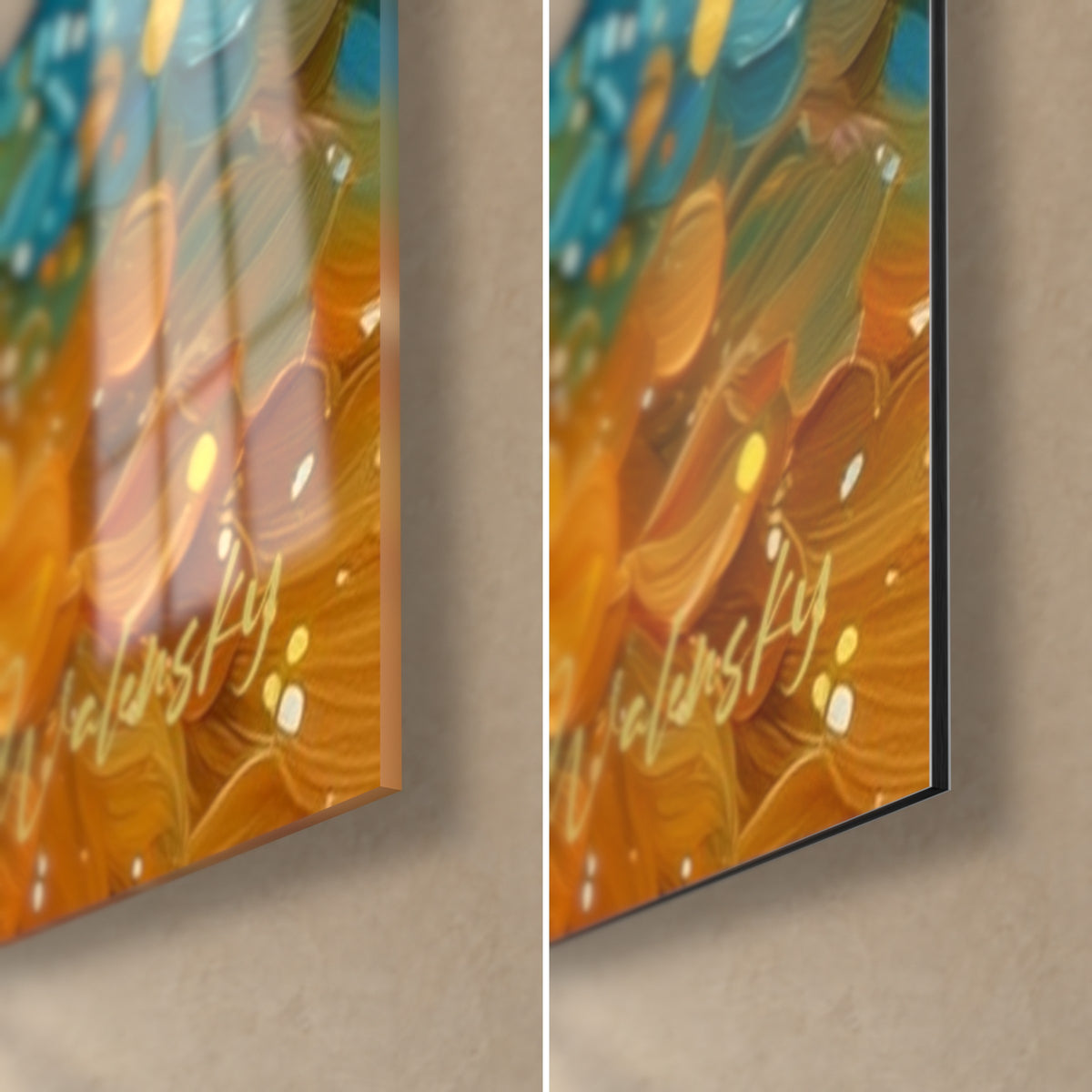 Tableau peinture abstraite aux pétales orange et dorés, coin bas droit : verre acrylique brillant à gauche, alu Dibond mat à droite