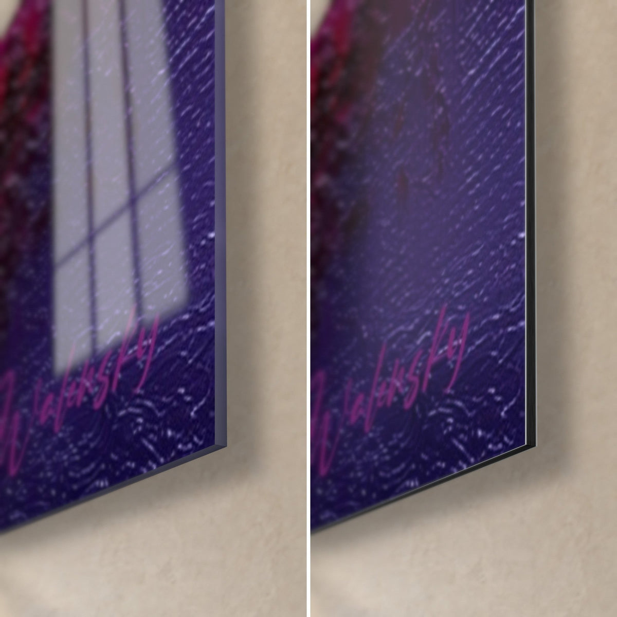 Cuadro abstracto morado, esquina inferior derecha: cristal acrílico brillante a la izquierda, aluminio Dibond mate blanco a la derecha, canto de 3 mm