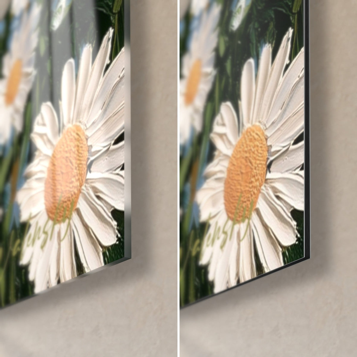Wall art white daisy with orange centre, bottom right corner, glossy acrylic glass on the left, matte black Dibond aluminium on the right, 3 mm thickness