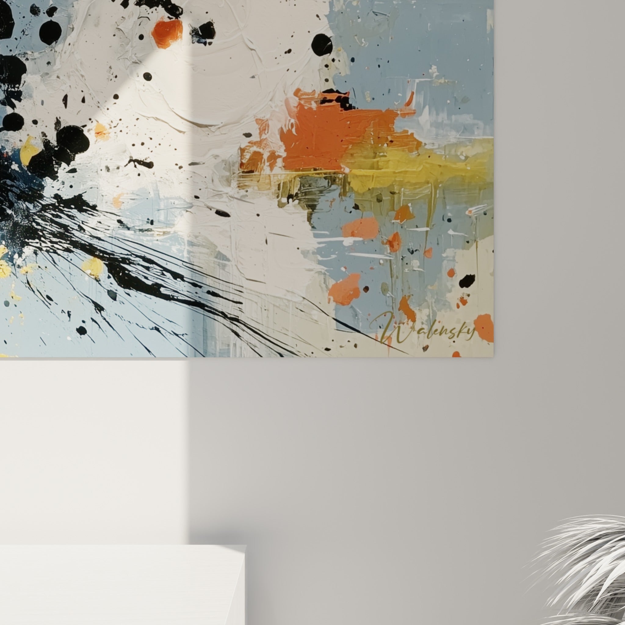 Empâtements jaunes et coulures noires visibles de près sur ce tableau style Peinture abstrait, matière texturée