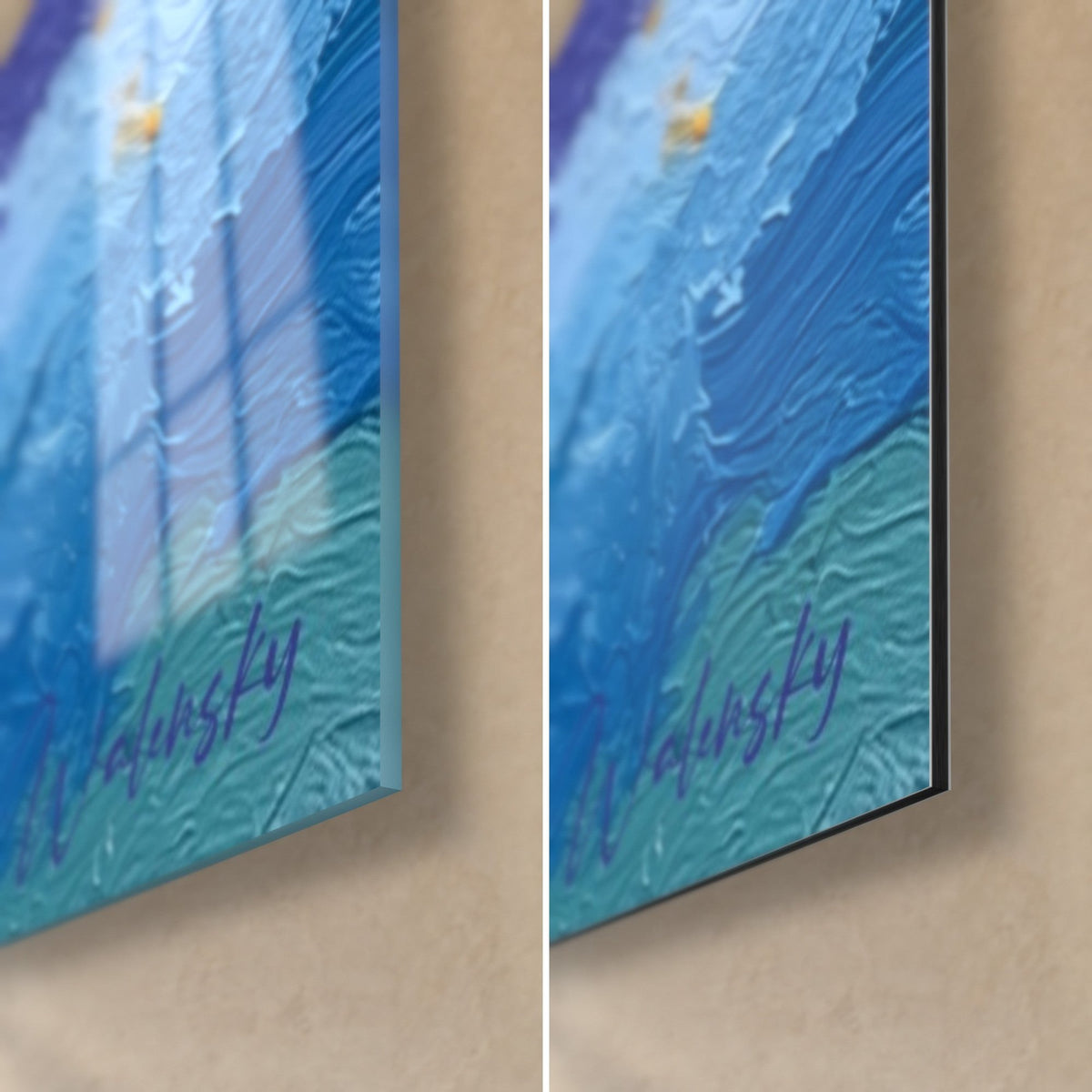 Wall art with thick sky-blue and turquoise paint strokes, violet signature, glossy glass on the left, matte Dibond on the right