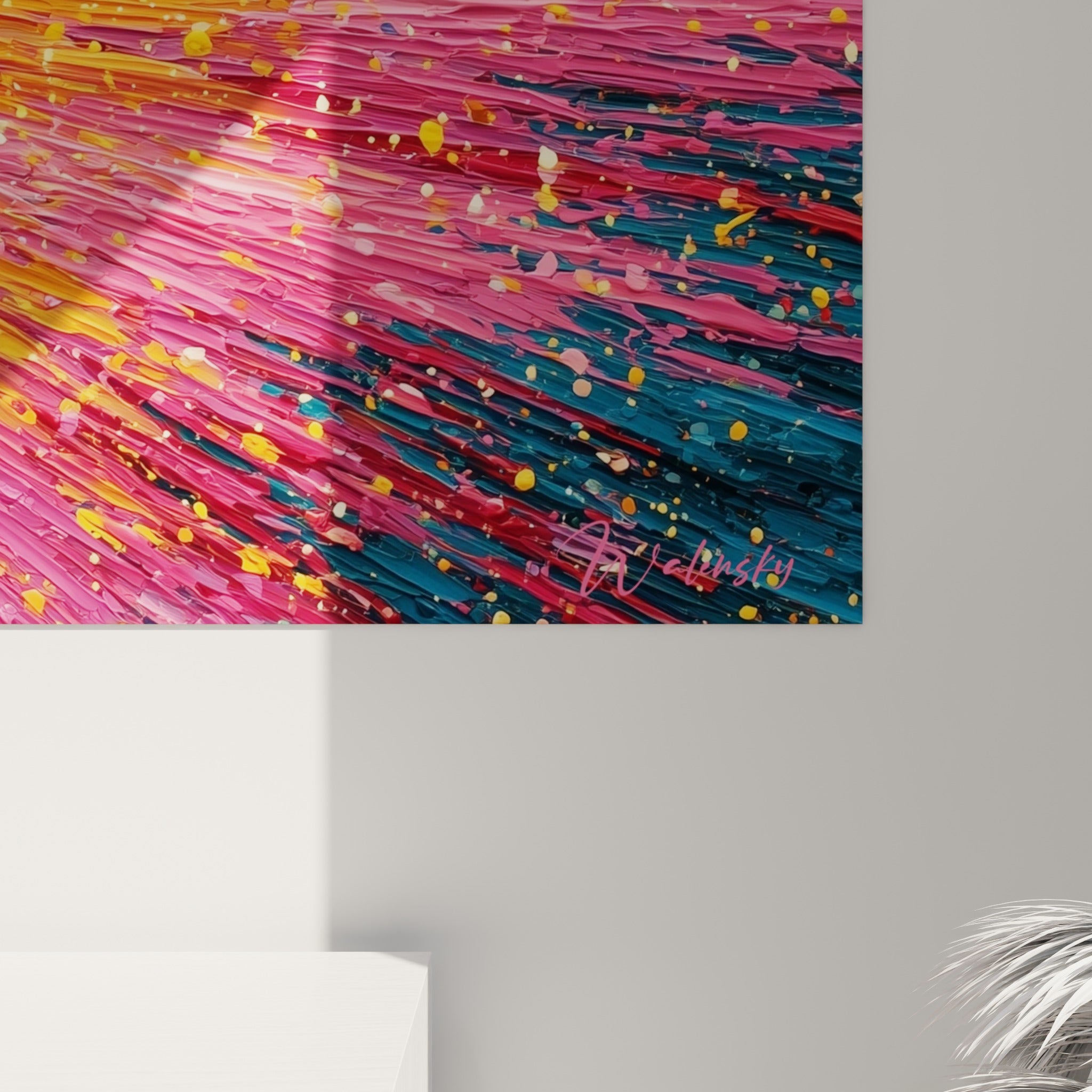 Empâtements dorés et coulures roses se mêlant, matière épaisse de ce style Peinture abstrait à l'huile