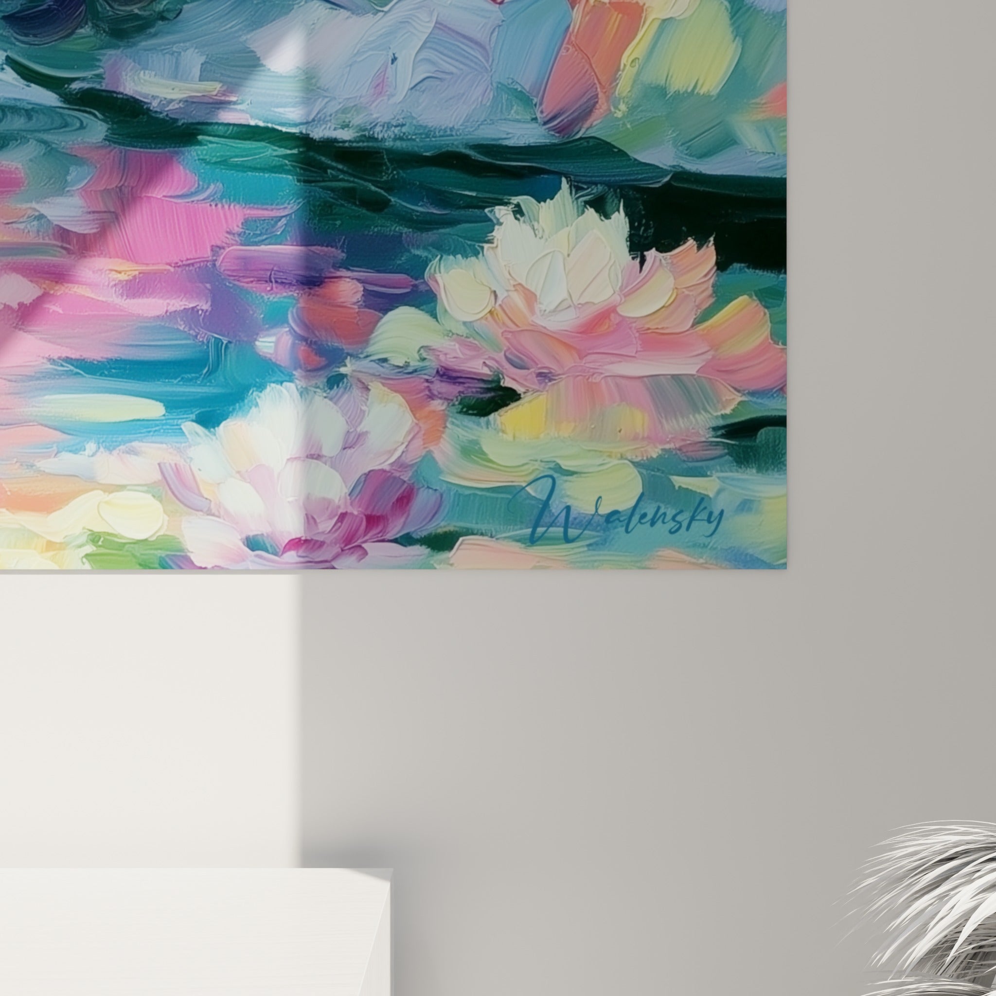Empâtements roses et jaunes visibles de près, matière épaisse au couteau, style Peinture abstrait sur toile