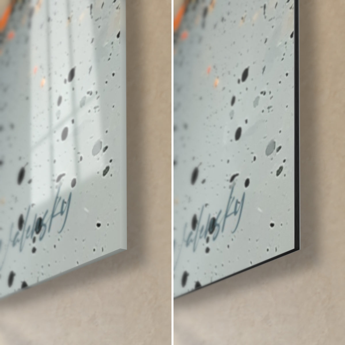 Tableau gerbe de peinture rose et orange, coin bas droit : verre acrylique brillant à gauche, alu Dibond mat à droite, tranche noire