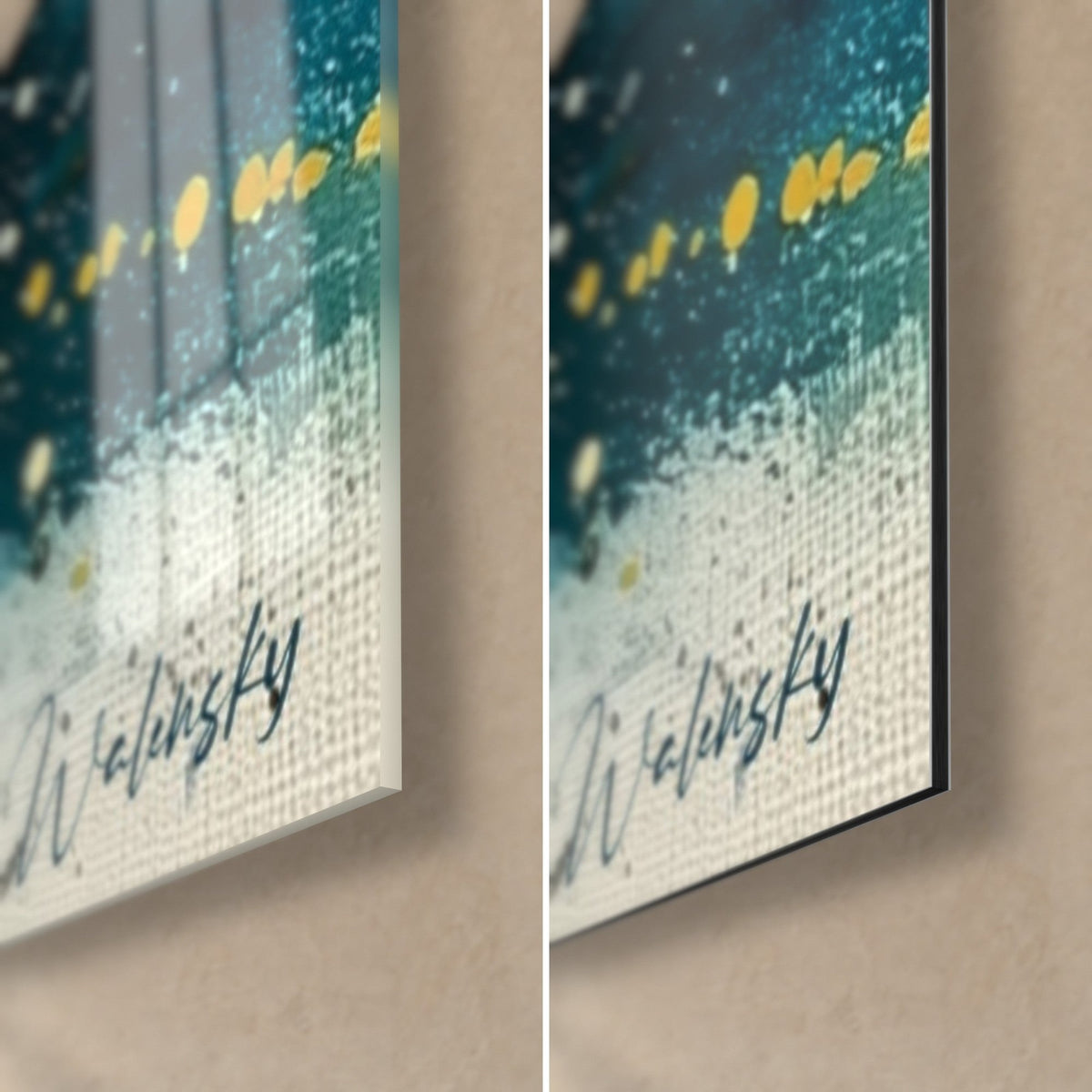 Quadro galassia dipinta in giallo e blu anatra, schizzi dorati, angolo in basso a destra in vetro lucido e Dibond opaco, spessore 3 mm