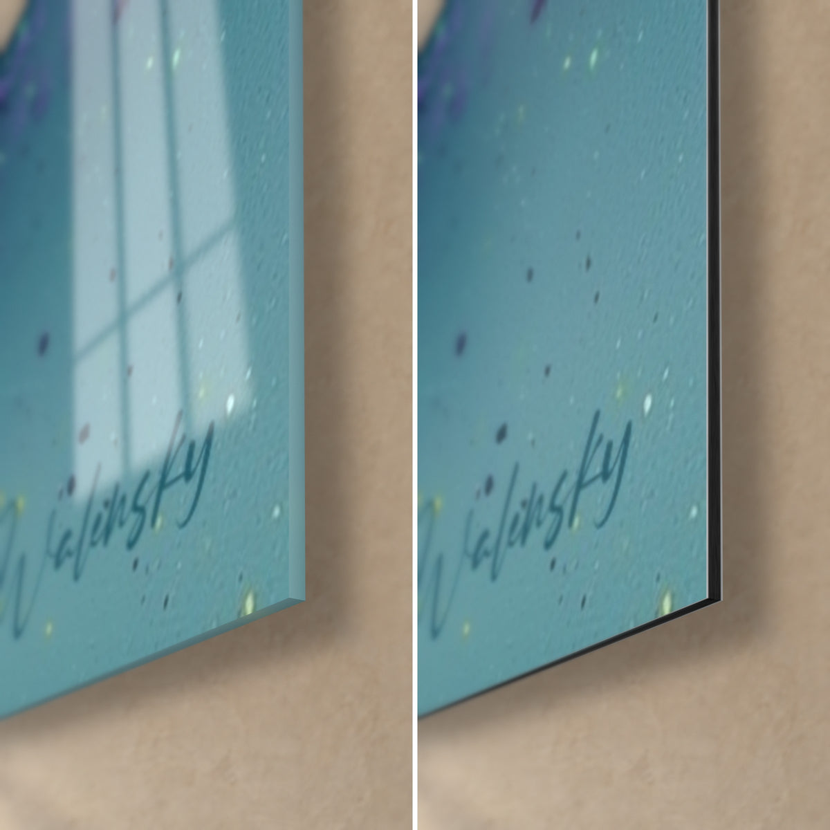 Gemälde Türkisfarbene Galaxie mit gelben und violetten Spritzern, untere rechte Ecke: glänzendes Acrylglas links, matt gebürstetes Dibond rechts