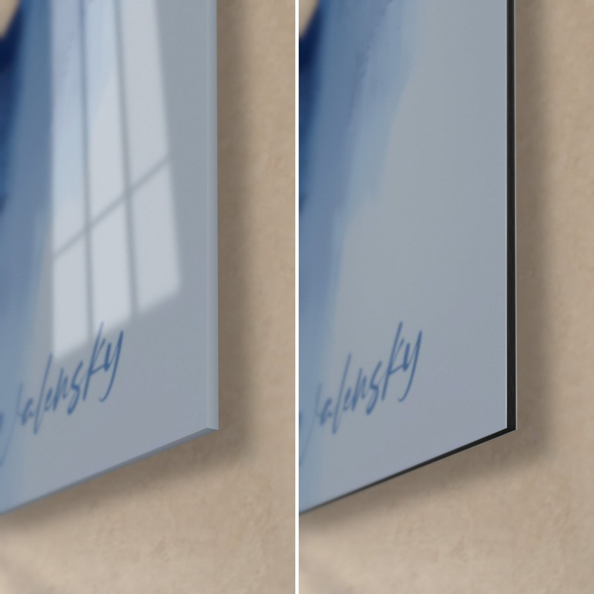 Cuadro con reflejos azul marino y dorados, esquina inferior derecha: cristal acrílico brillante a la izquierda, aluminio Dibond mate a la derecha, canto de 3 mm
