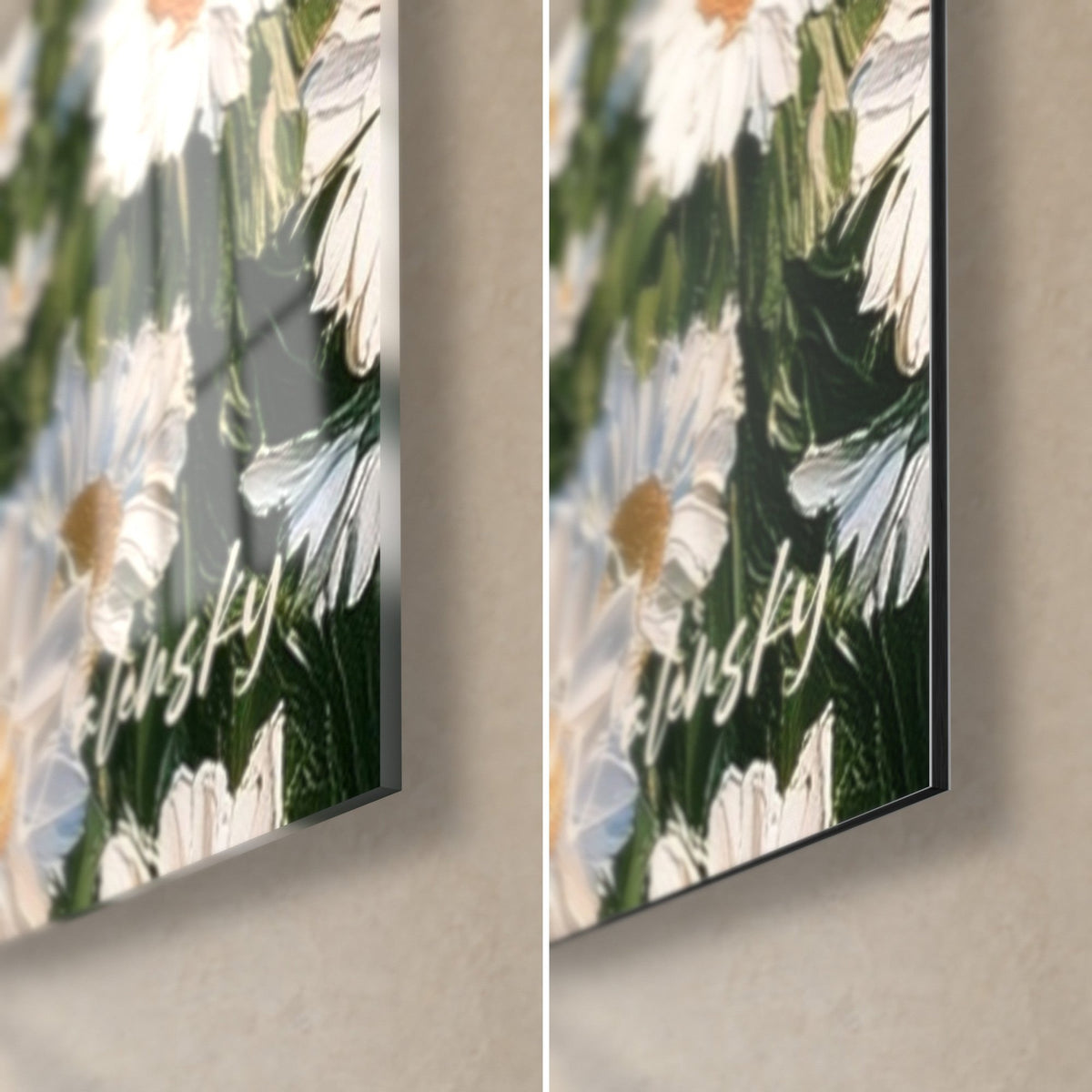 Wall art of white daisies with yellow centers on a green background, bottom right corner: glossy acrylic glass and matte Dibond aluminum, 3 mm thickness