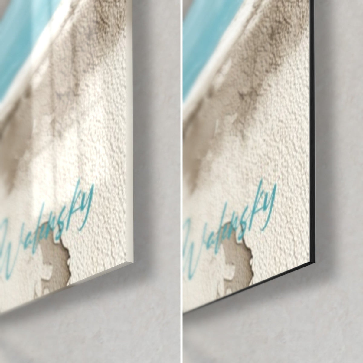 Tableau muret côtier, coin bas droit : turquoise et sable ocre, verre acrylique brillant à gauche, Dibond mat à droite, tranche 3 mm