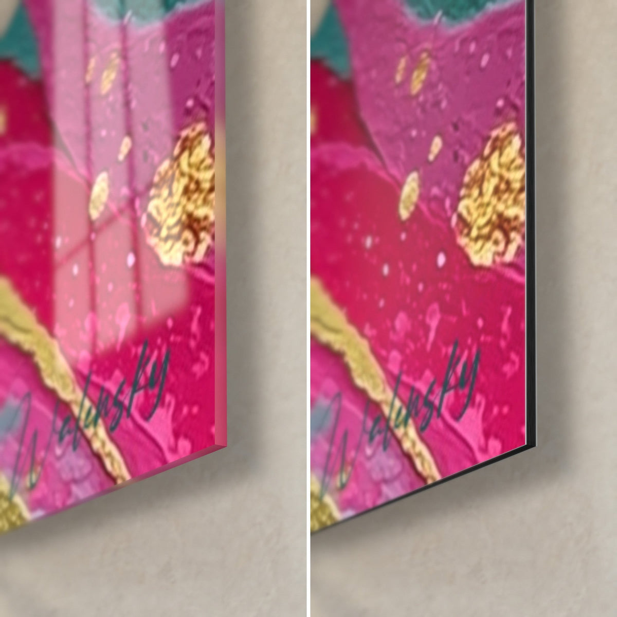 Schilderij roze en gouden spiraal, rechteronderhoek: glanzend acrylglas links, mat Dibond aluminium rechts, rand van 3 mm