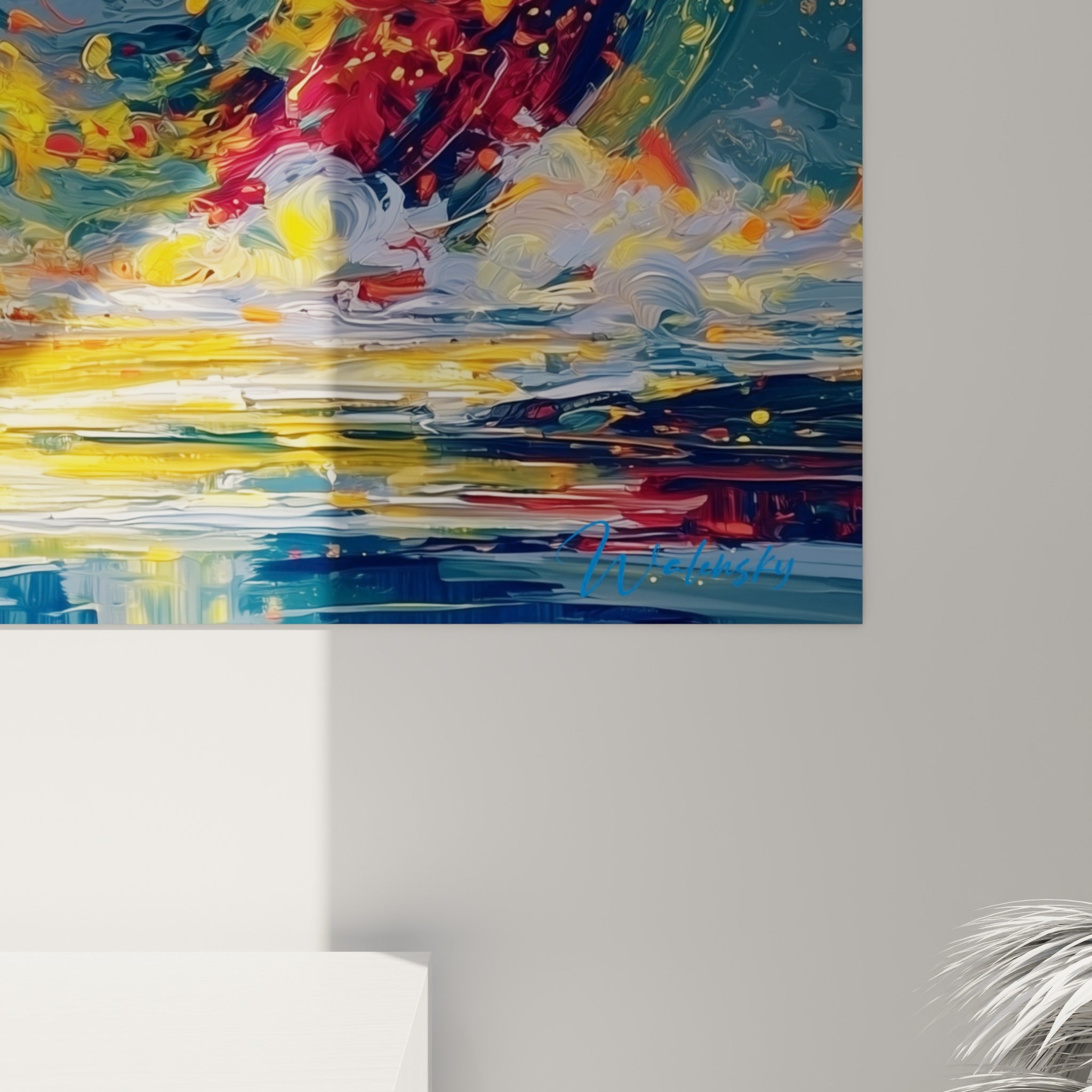Matière épaisse et coulures dorées, rouges et bleu nuit visibles en gros plan sur ce style Peinture abstrait