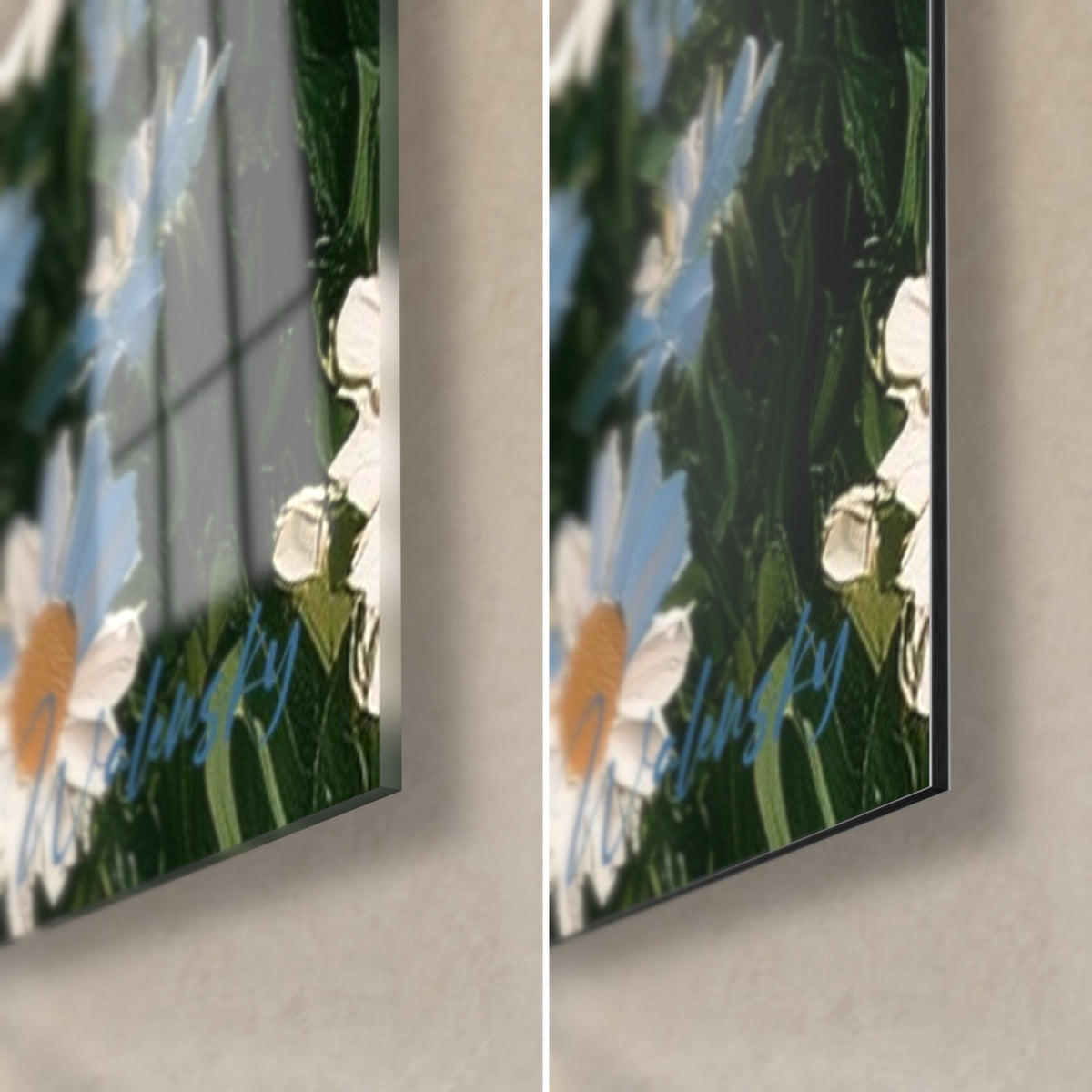 Wall art of white daisies with an ochre heart, bluish petals at bottom right, glossy glass reflecting the window, matte green Dibond, 3 mm edge
