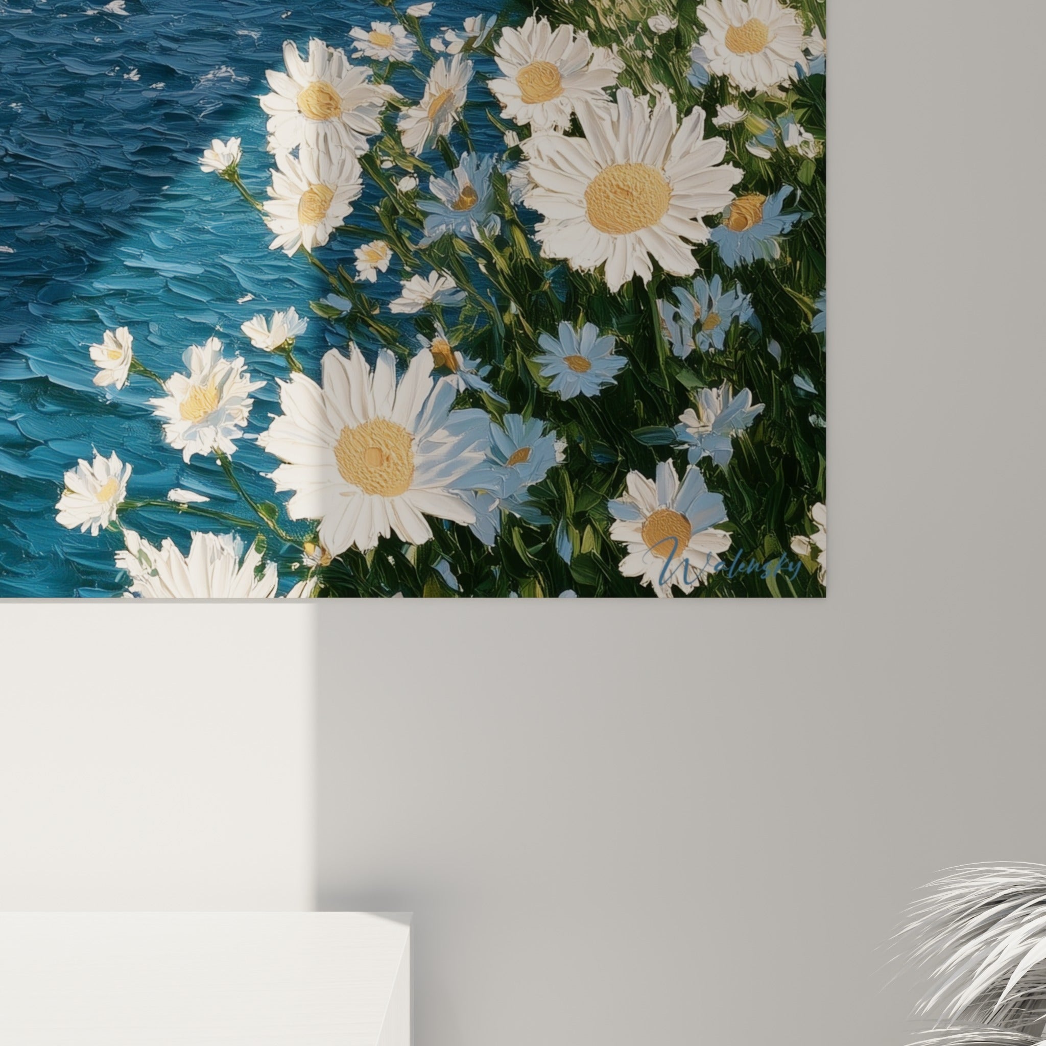 Empâtements bleus et blancs se mêlant sur la surface de l'eau, coulures de peinture visibles en gros plan
