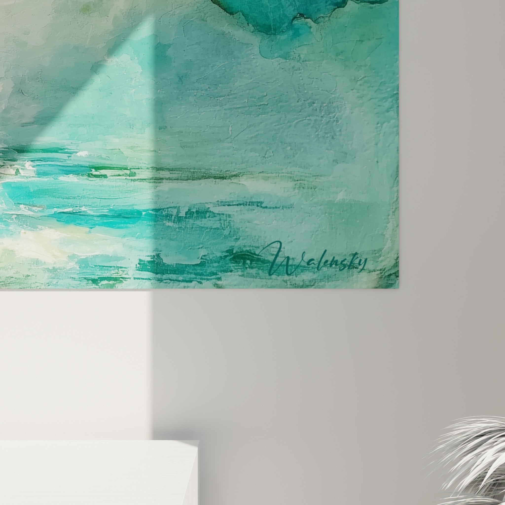 Empâtements turquoise et coulures dorées entrelacées, matière granuleuse d'un tableau style peinture abstrait