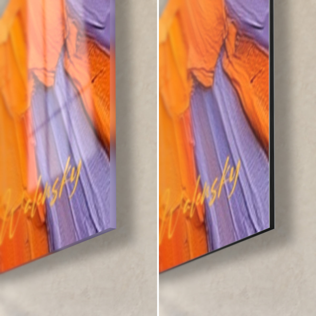 Wall art abstract blossom, bottom right corner: raised violet and orange petals, gold signature, glossy glass on the left, matte Dibond on the right