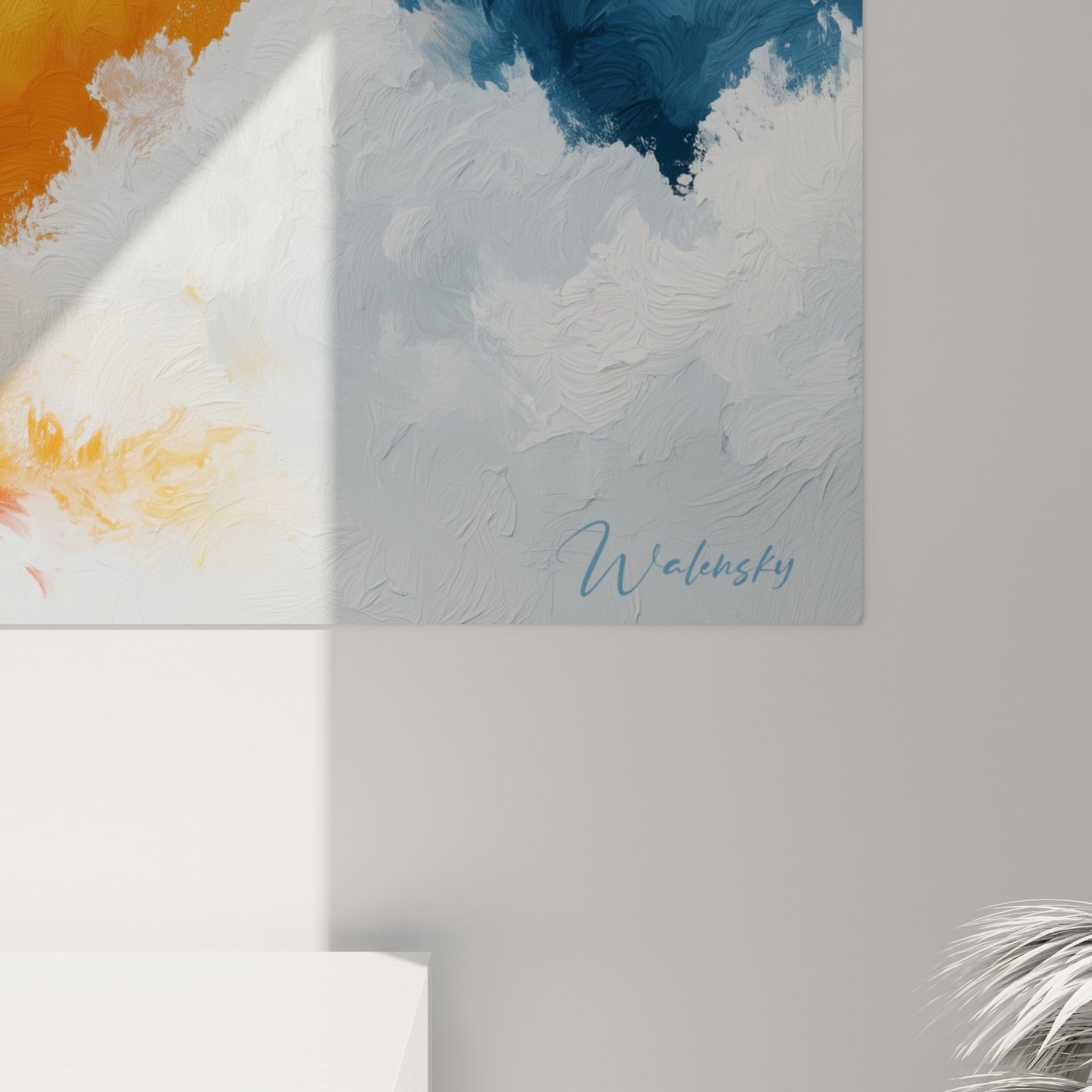 Empâtements orange doré et bleu marine se touchant, matière épaisse du style Peinture abstrait en gros plan
