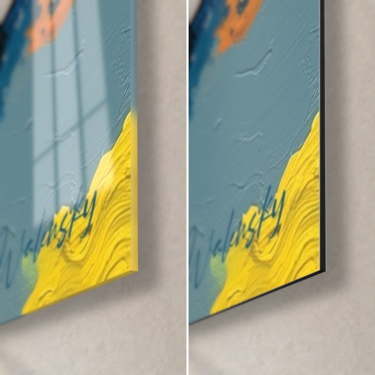 Wall art flow of bright yellow paint on a blue-grey background, bottom right corner, glass reflections and matte Dibond, 3 mm edge