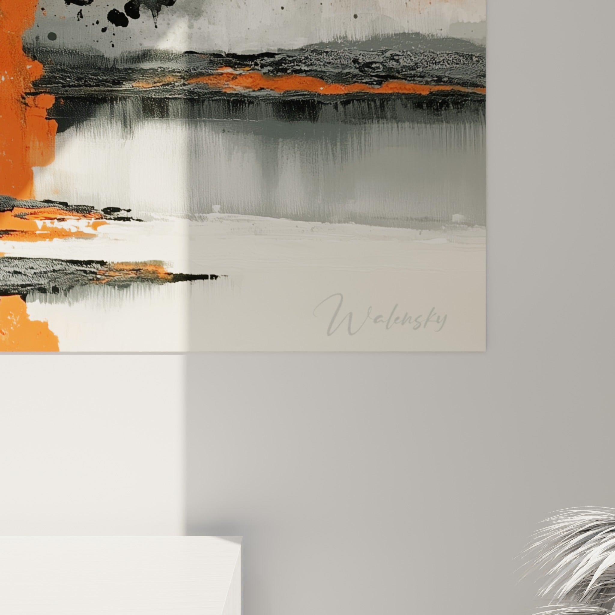 Matière granuleuse orange fauve et empâtements noirs visibles de près sur ce style Peinture abstrait texturé