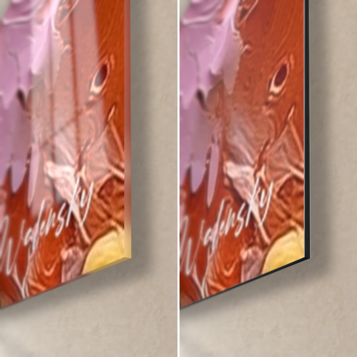 Quadro impasti rosa cipria e arancio vivo, angolo in basso a destra: vetro acrilico lucido e alluminio Dibond opaco, spessore 3 mm