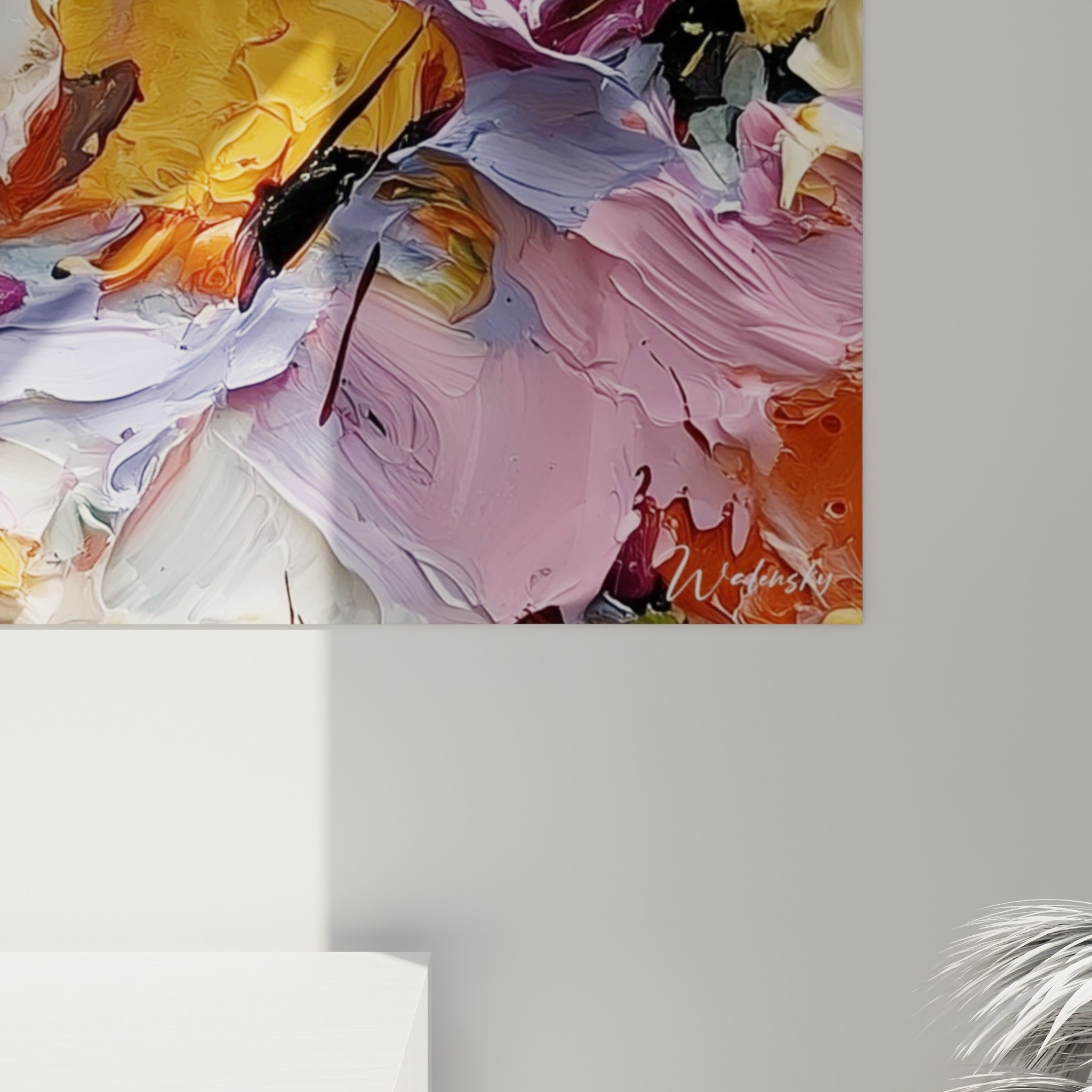 Matière épaisse mauve et orange en style Peinture abstrait, empâtements et coulures visibles de près