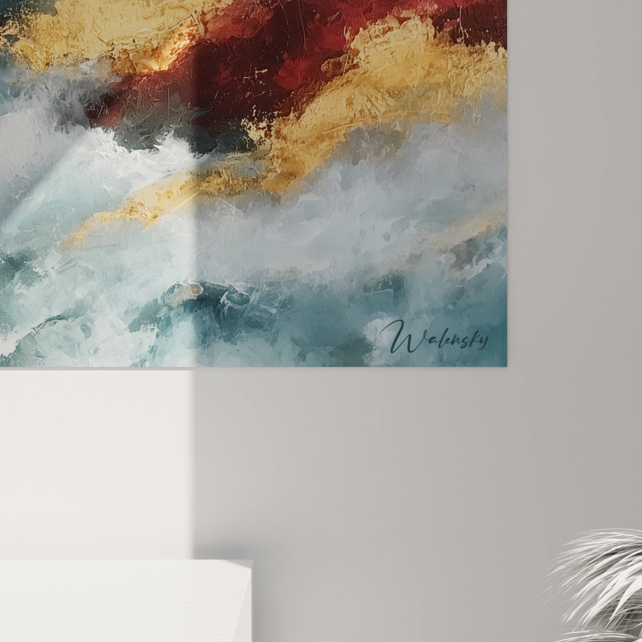 Empâtements épais mêlant doré, rouge bordeaux et écume blanche, matière texturée du style Peinture abstrait