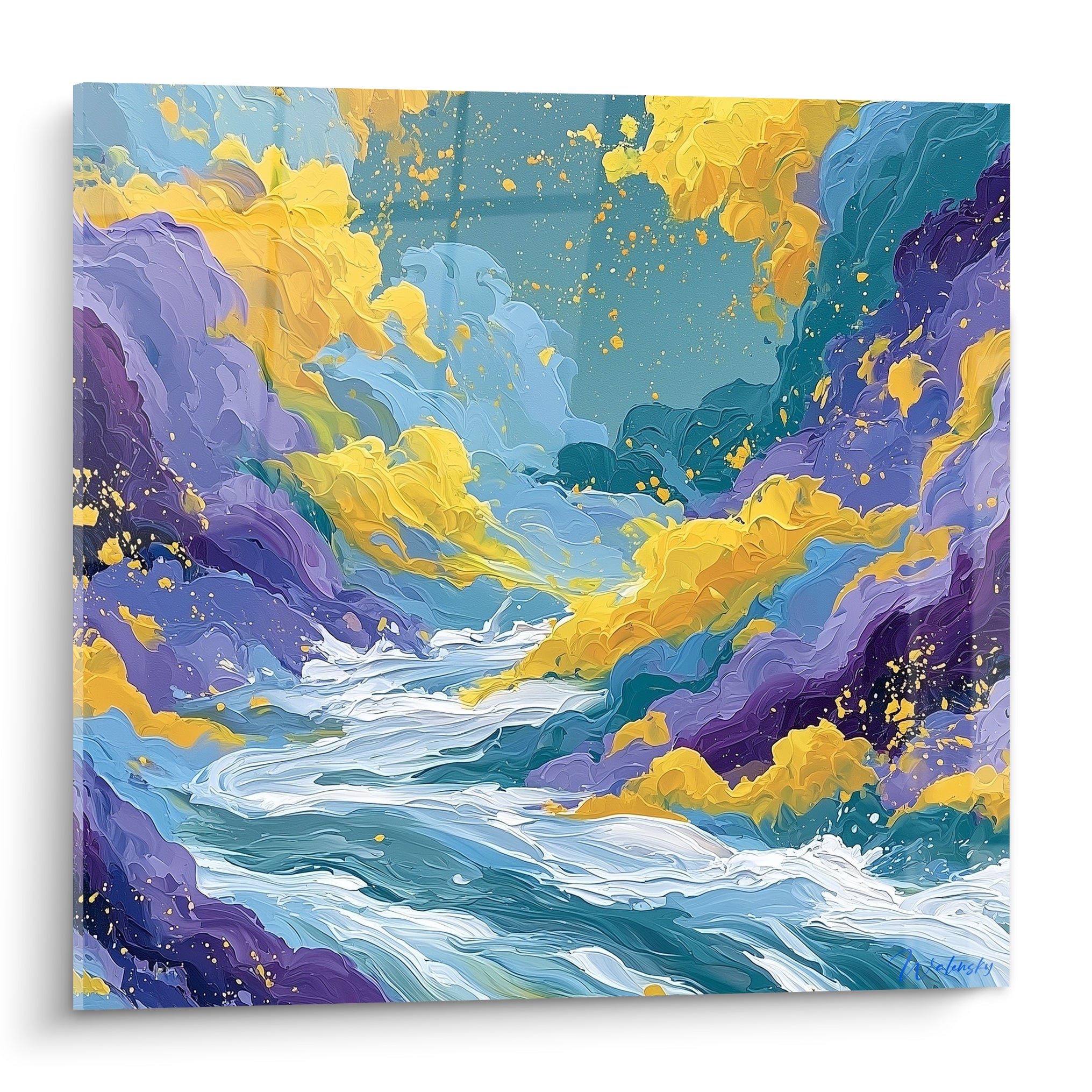 Torrent d'eau blanche entre falaises violettes et jaune doré, style Peinture abstrait puissant