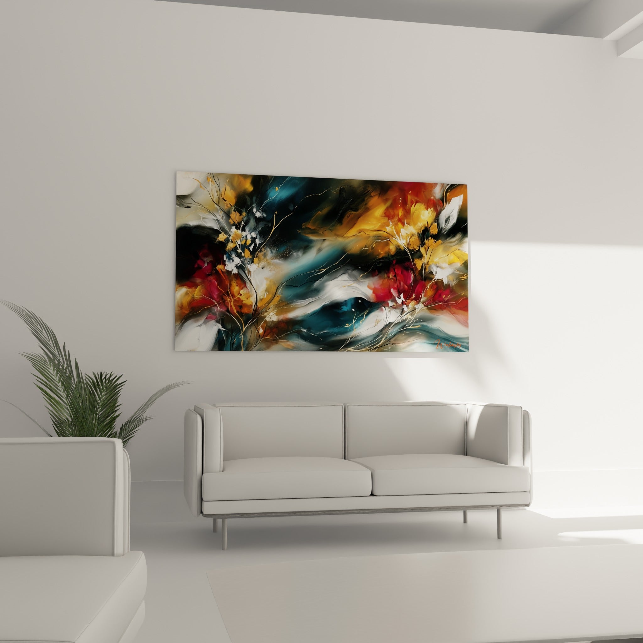 Tourbillon doré et anthracite de ce tableau style Peinture abstrait au-dessus d'un canapé dans un salon lumineux