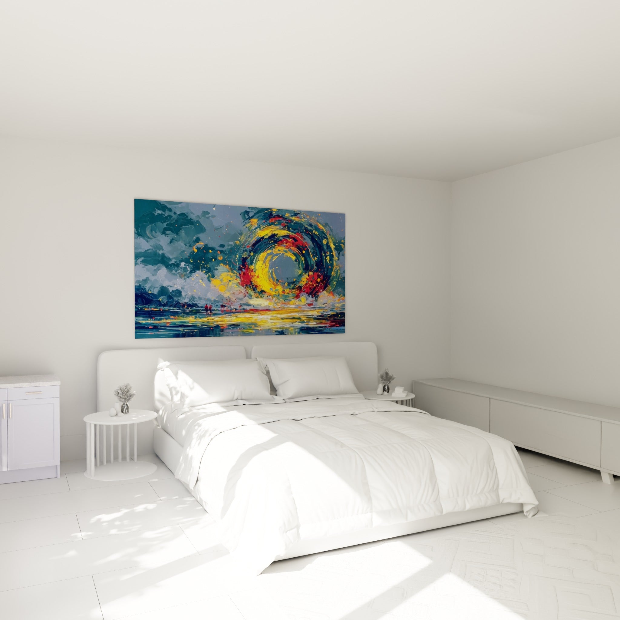 Tourbillon doré et bleu anthracite du style Peinture abstrait, accroché au-dessus d'un lit dans une chambre claire