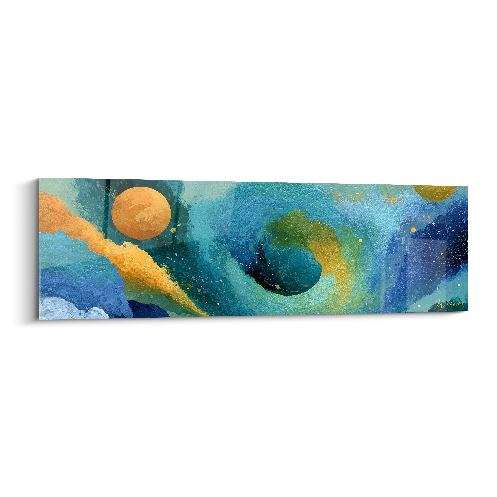 Tourbillon style Peinture abstrait en bleu marine, turquoise et doré, sphères orangées flottantes