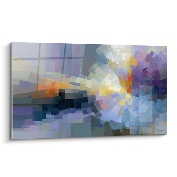 Tableau Vortex éclaté violet et bleu lumineux - Rayonnement central doré - Edition style Peinture abstrait