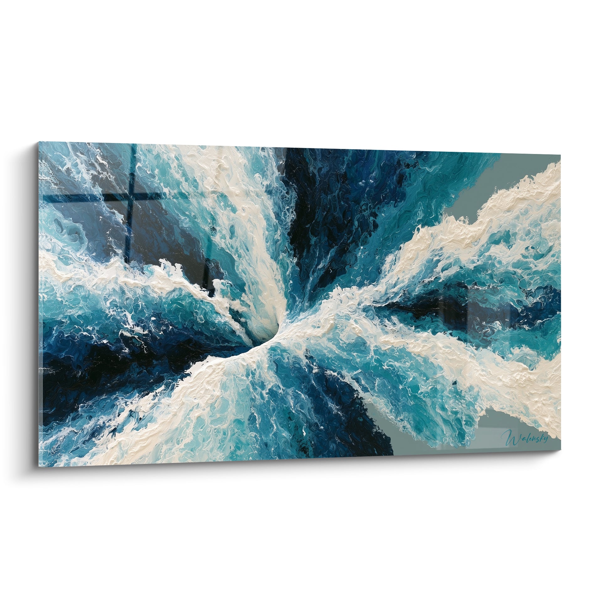 Tourbillon abstrait bleu marine et turquoise avec éclats d'écume blanche en spirale centrale