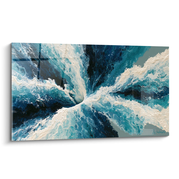 Tableau Vortex bleu marine et blanc écumeux - Tourbillon océanique - Edition style Peinture abstrait
