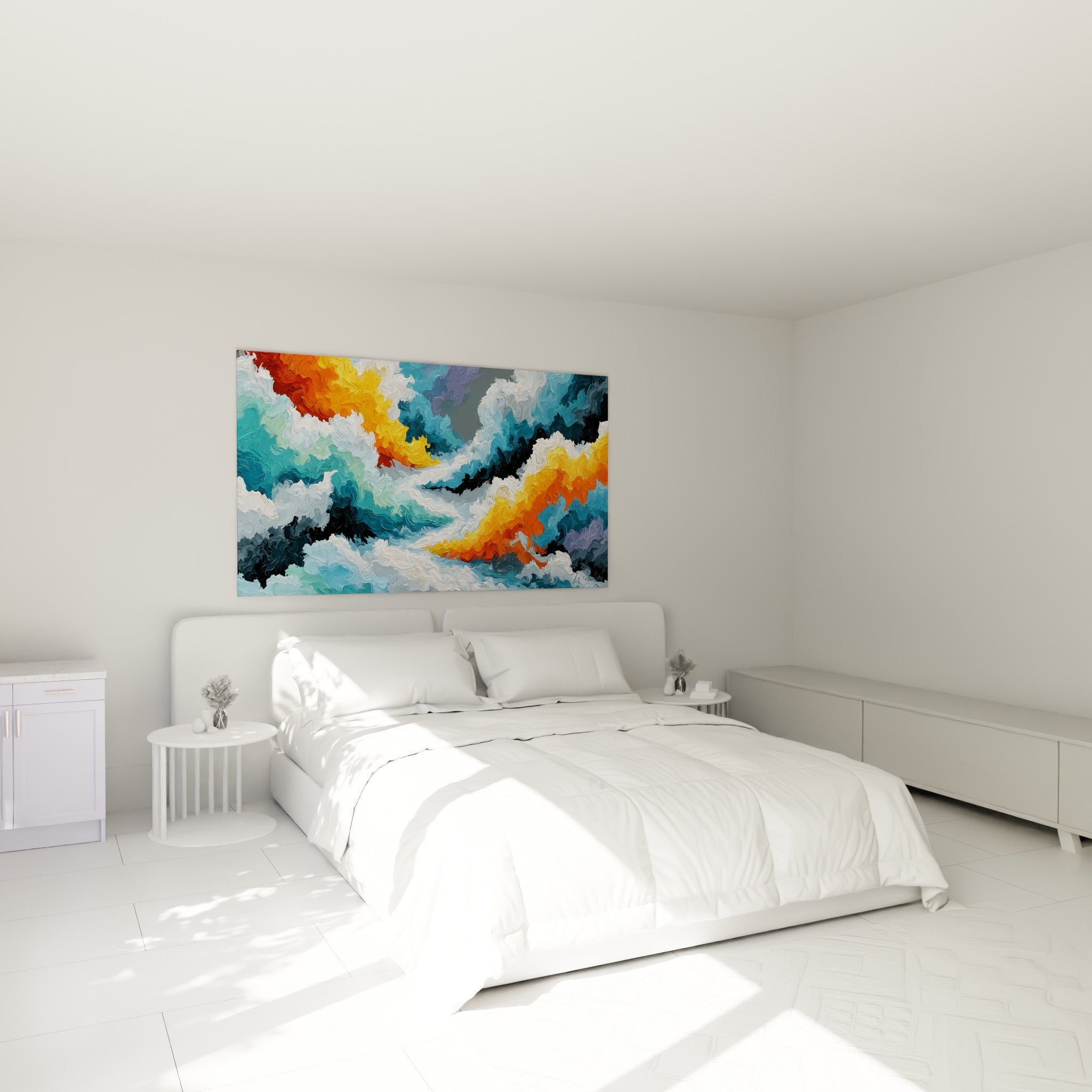 Tourbillon de bleu pétrole et d'orange doré au-dessus d'un lit dans une chambre claire