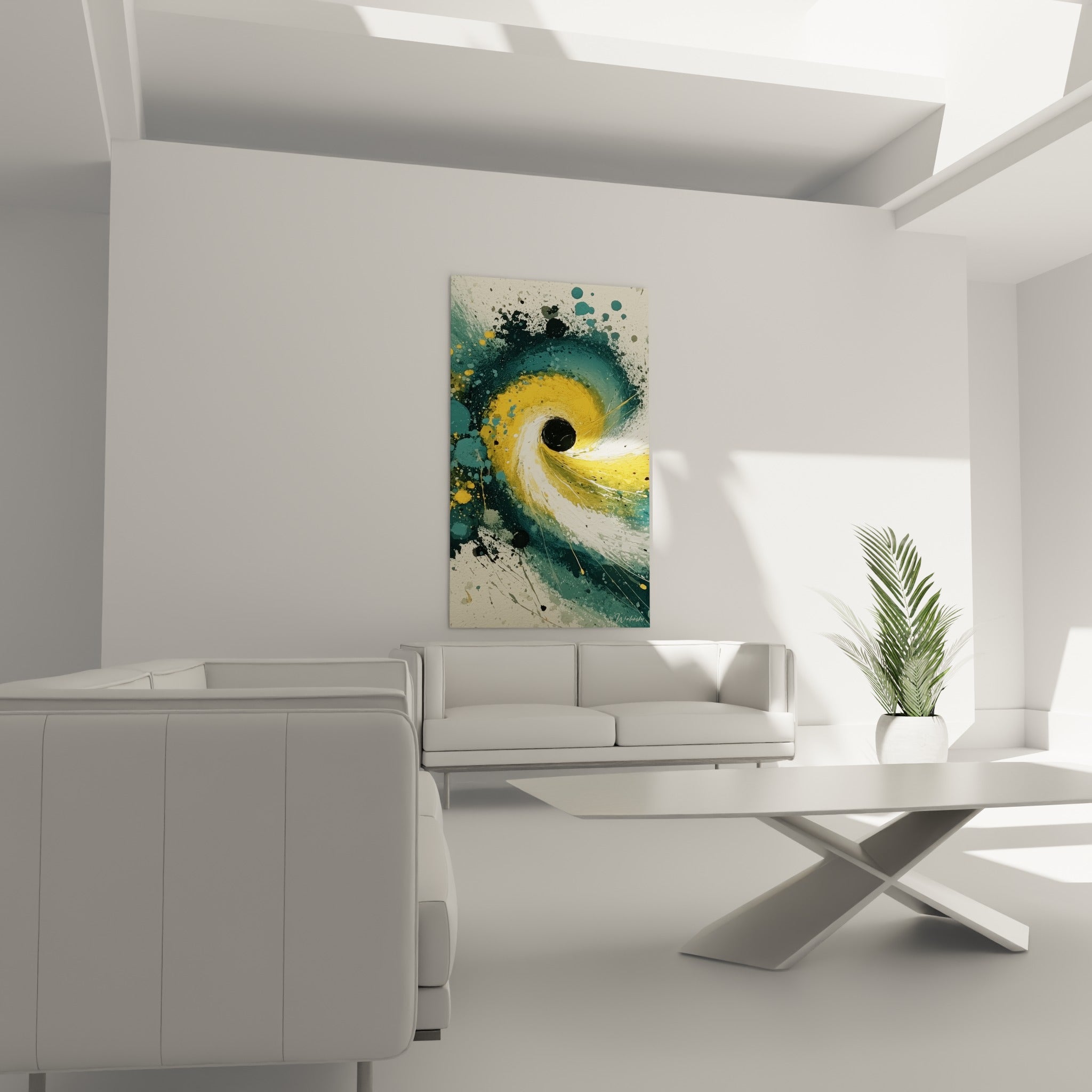 Vortex doré cerné de bleu profond au-dessus d'un canapé dans un salon lumineux