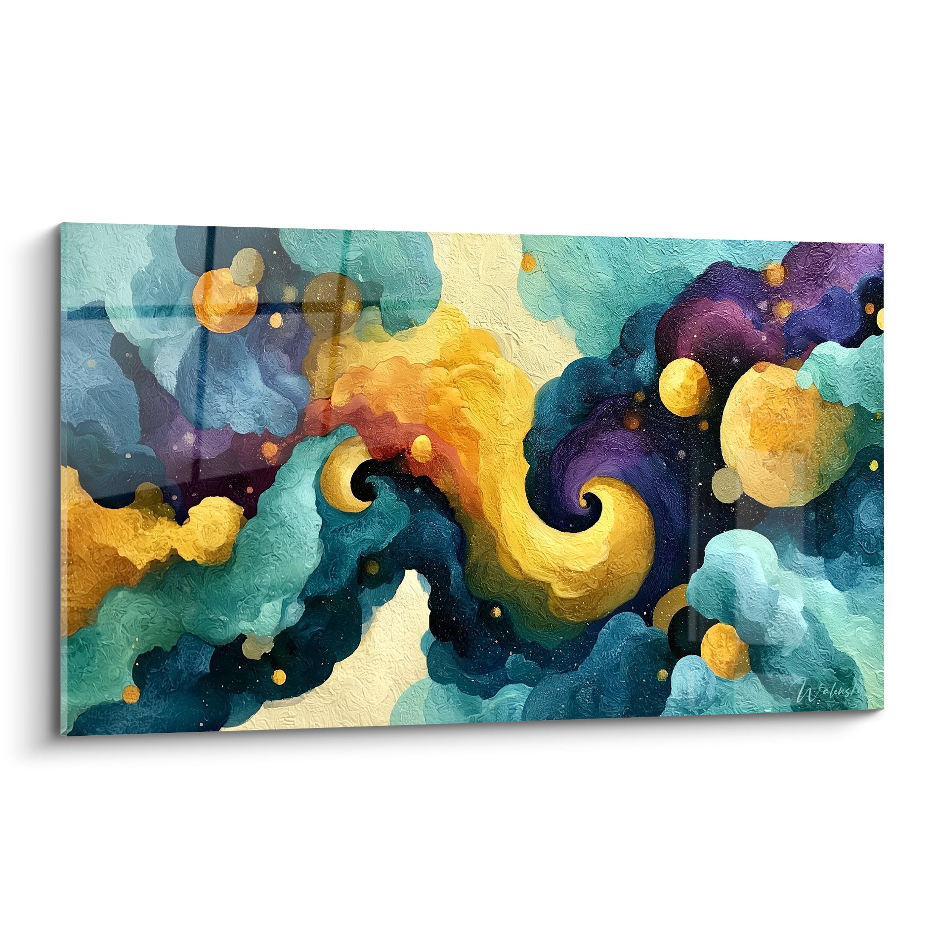 Tourbillon doré et turquoise sur fond crème, style Peinture abstrait aux volutes texturées et empâtées