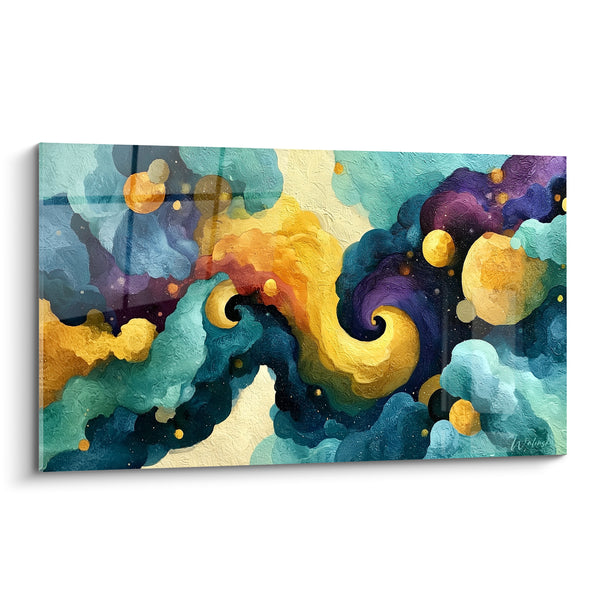 Tableau Nuage sarcelle et doré aux sphères flottantes - Volutes nocturnes constellées - Edition style Peinture abstrait