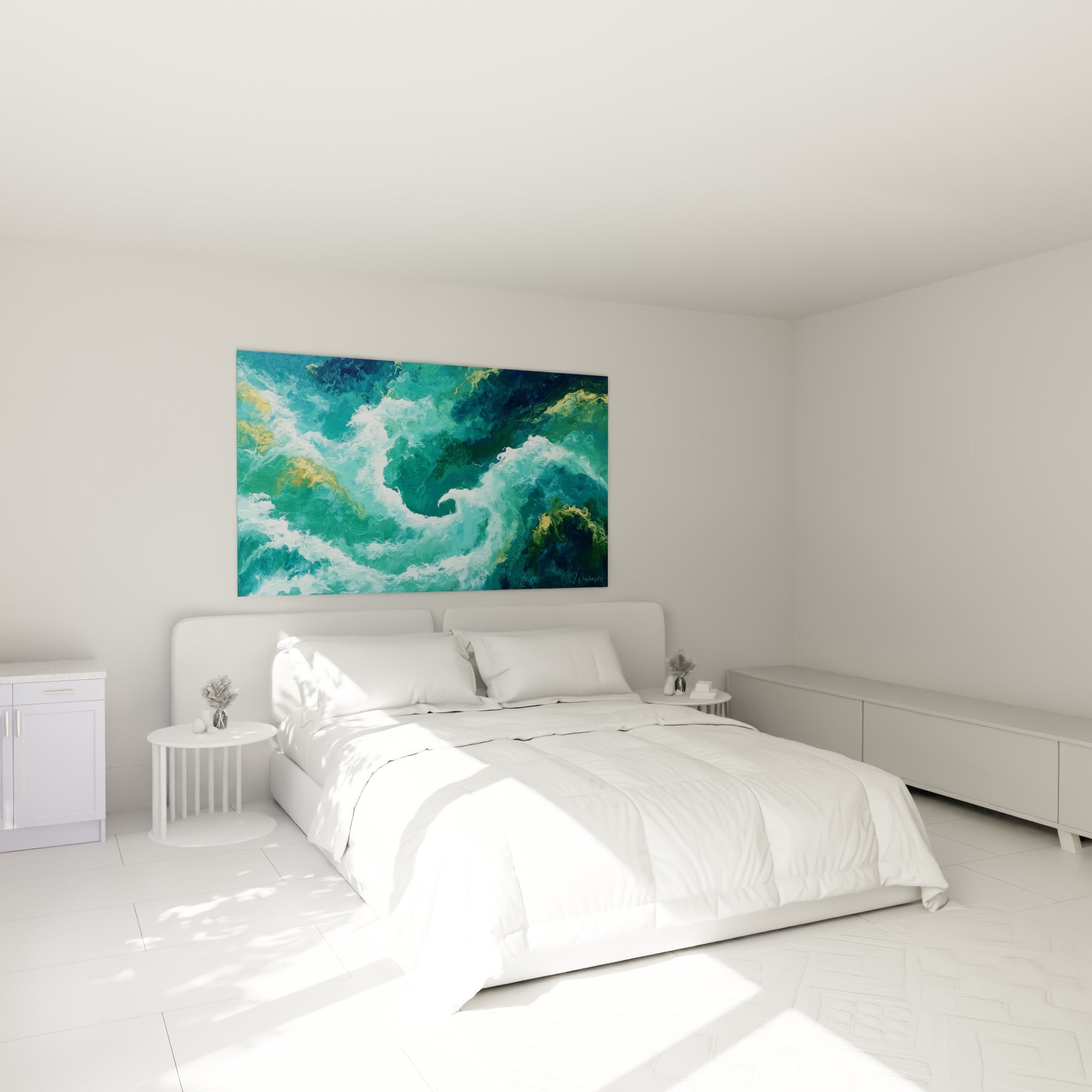 Tourbillon marin turquoise et vert émeraude, style peinture abstrait au-dessus d'un lit dans une chambre claire