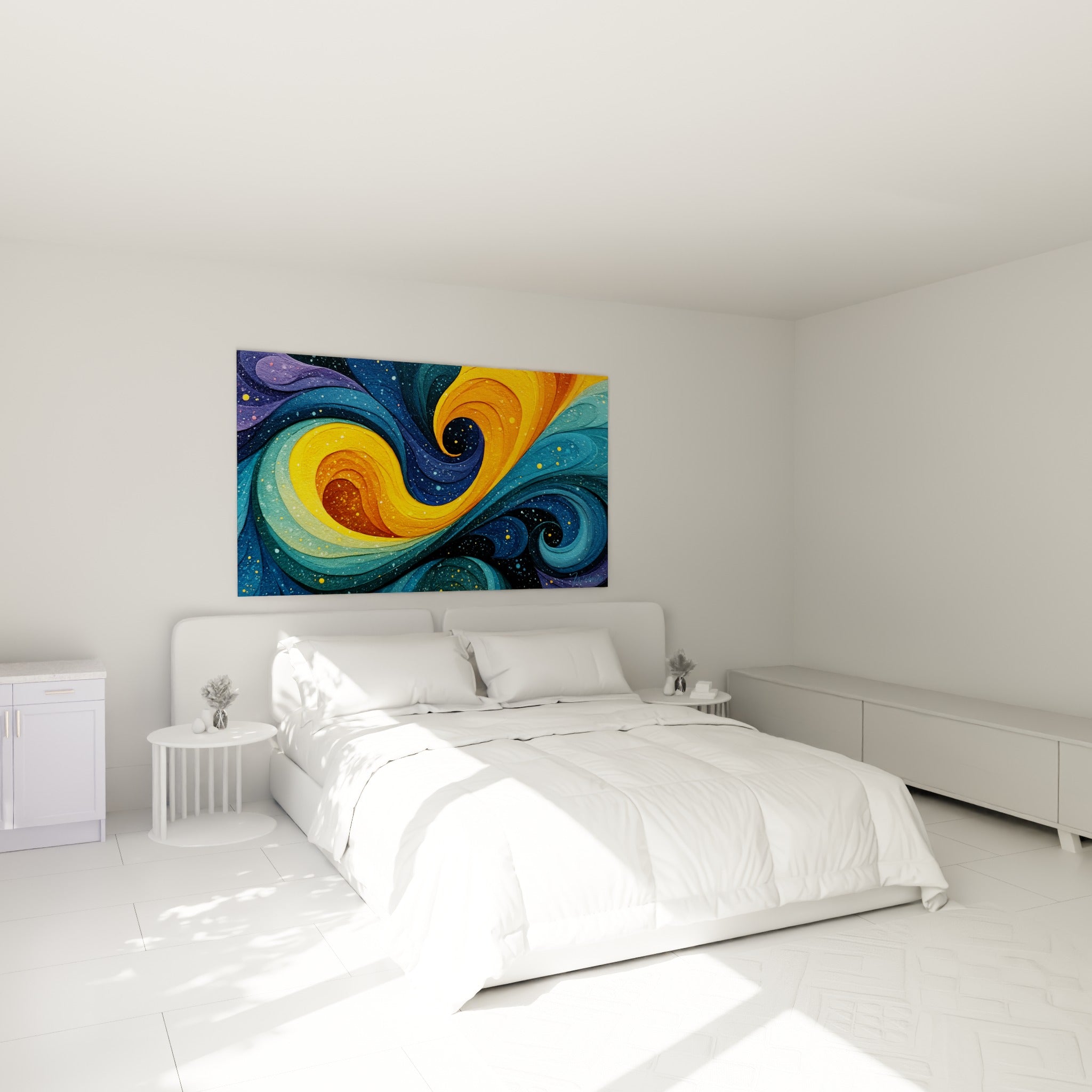 Tourbillon doré et bleu marine du style Peinture abstrait, accroché au-dessus d'un lit dans une chambre claire