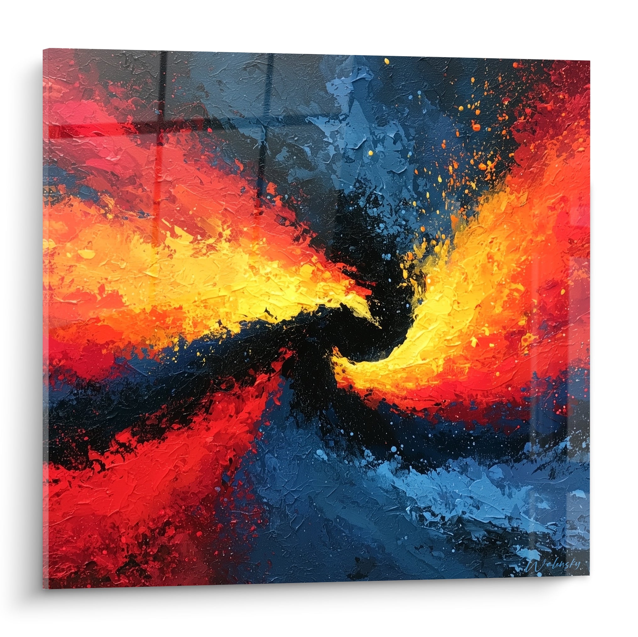 Tourbillon de flammes orangées et bleu marine, style Peinture abstrait au couteau texturé