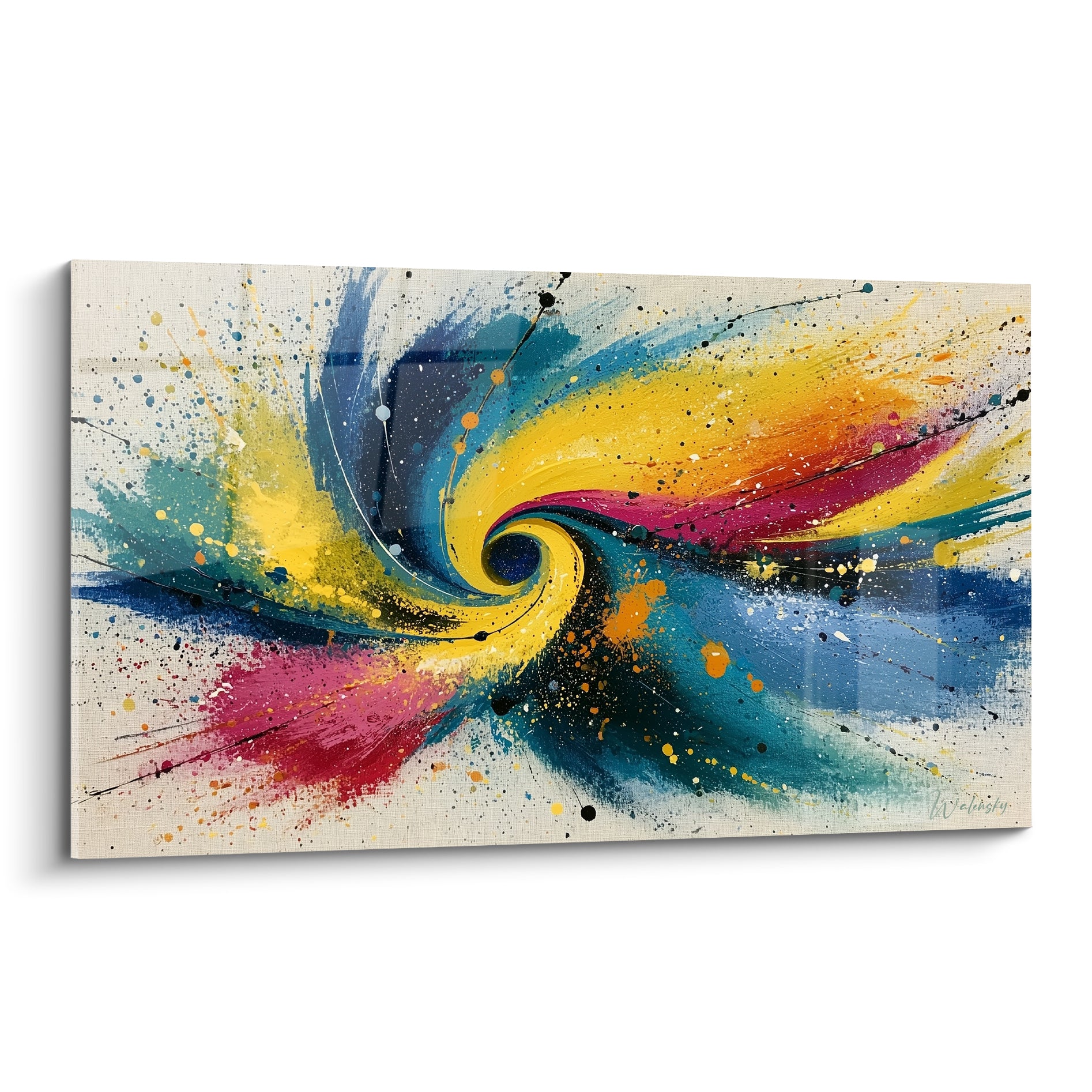 Tourbillon jaune et bleu marine éclaboussé de rose et d'orange sur toile texturée blanche