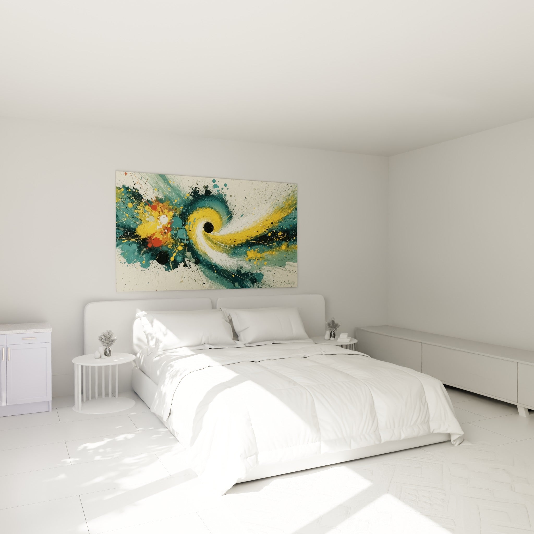 Tourbillon jaune et bleu canard du style Peinture abstrait accroché au-dessus d'un lit dans une chambre claire