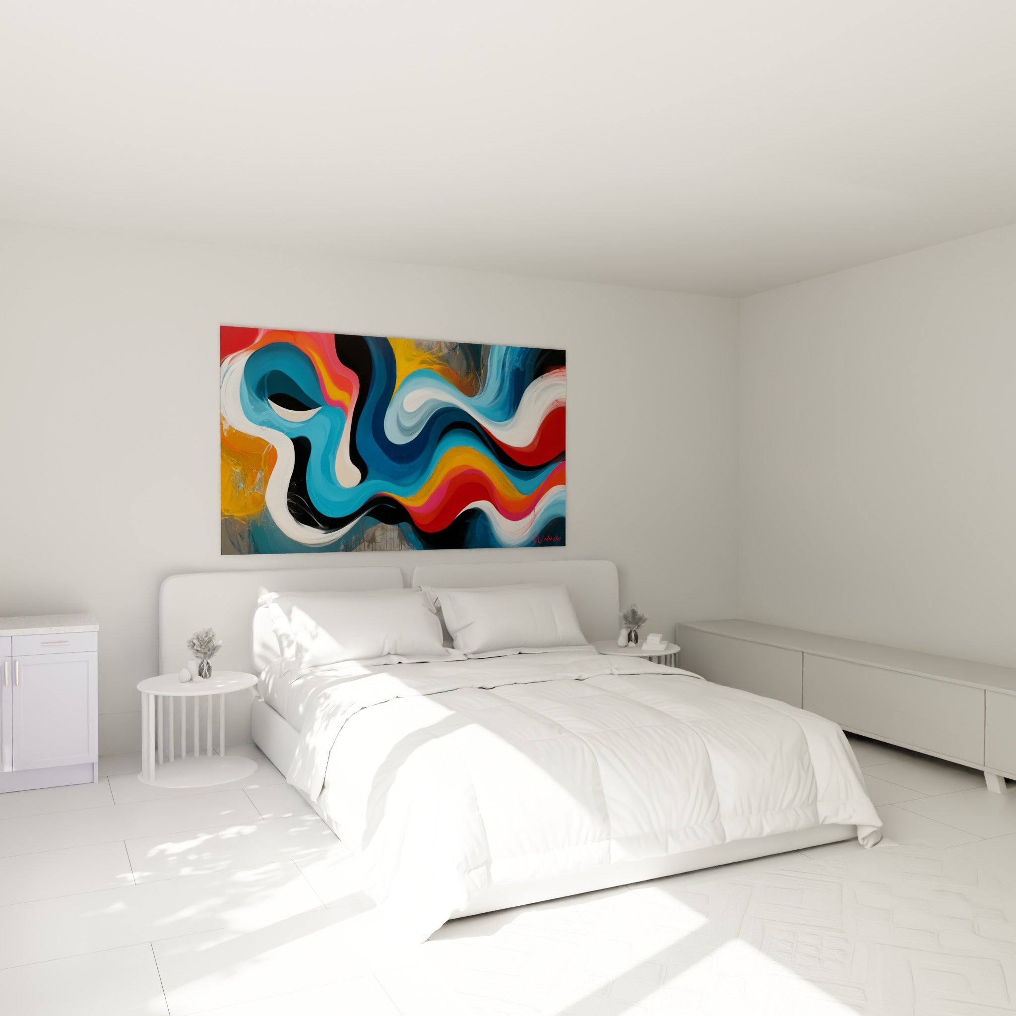 Tourbillon ocre et bleu pétrole du style Peinture abstrait, au-dessus d'un lit dans une chambre claire